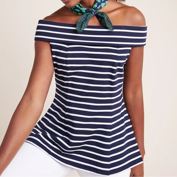 Maeve Blue and White Off-the-Shoulder Fitted Blouse - Picture 1 of 13